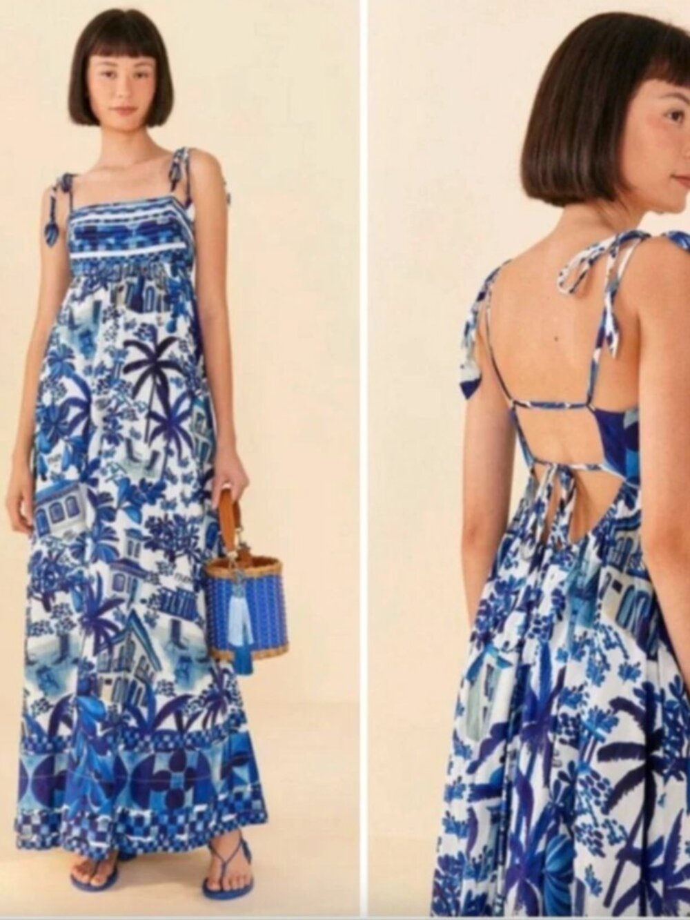 Farm Rio Maxi Dress Sz Medium Sweet Blue White Tropical Beach Print Resort Vacay